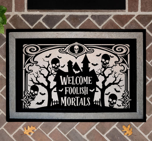 Welcome Foolish Mortals Haunted House Doormat, Spooky Skulls Halloween Door Mat