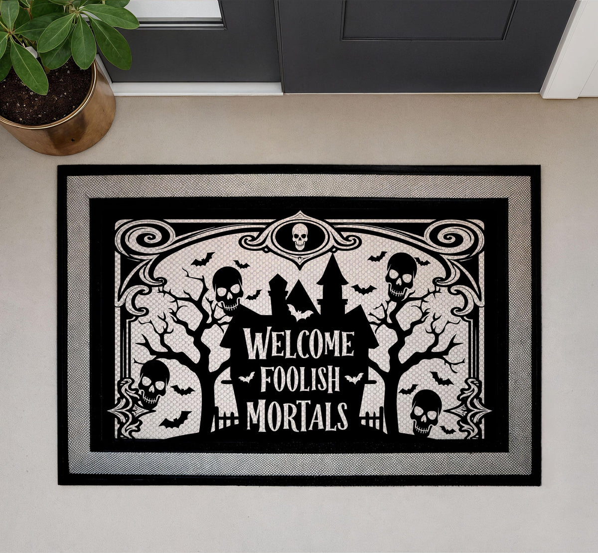 Welcome Foolish Mortals Haunted House Doormat, Spooky Skulls Halloween Door Mat
