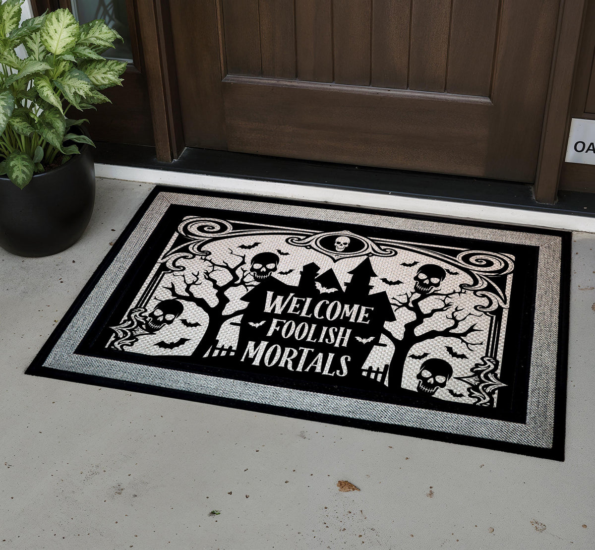 Welcome Foolish Mortals Haunted House Doormat, Spooky Skulls Halloween Door Mat