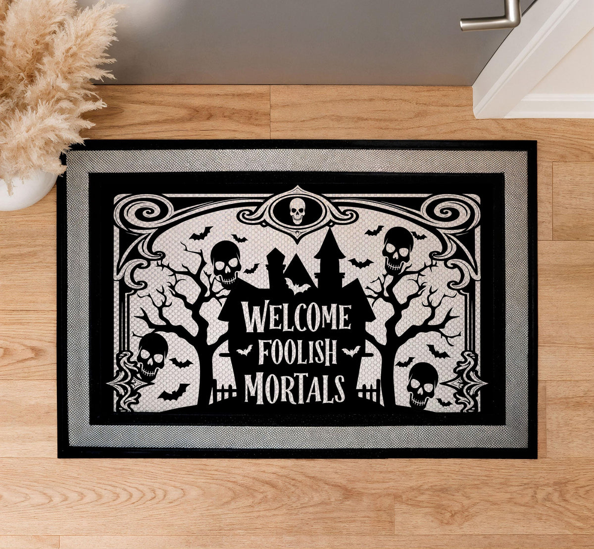 Welcome Foolish Mortals Haunted House Doormat, Spooky Skulls Halloween Door Mat