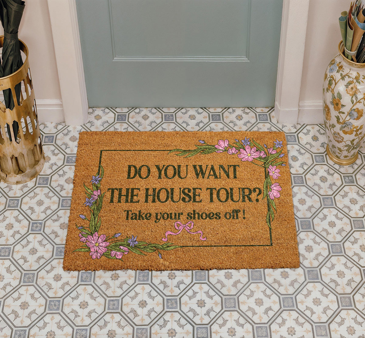 Do You Want The House Tour Doormat, Take Your Shoes Off Welcome Mat, Floral Housewarming Gift