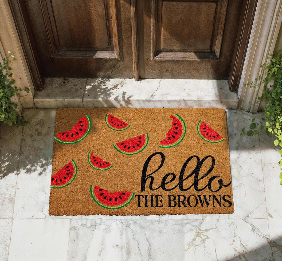 Personalized Watermelon Hello Doormat, Summer Fruit Welcome Mat, Family Name Housewarming Gift