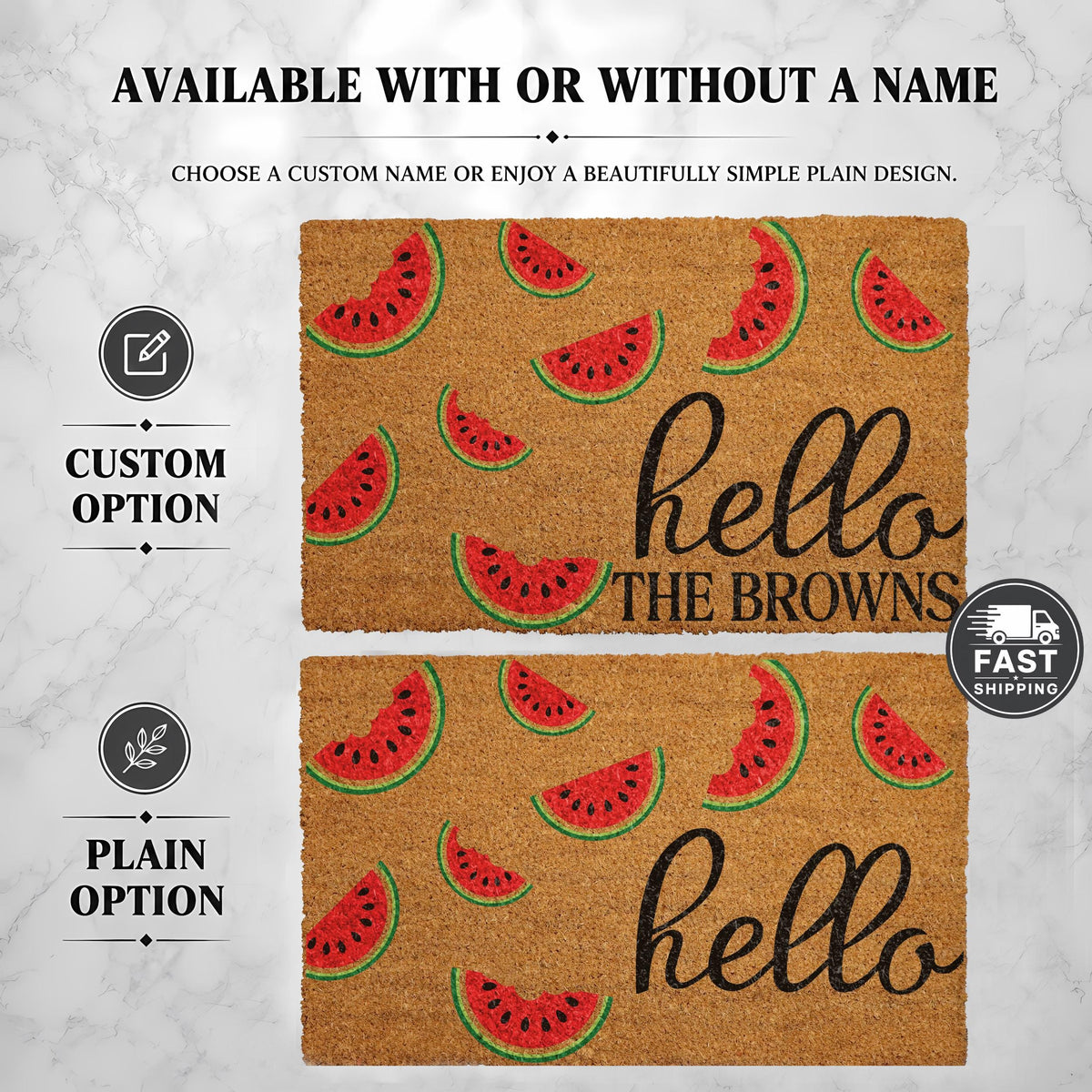 Personalized Watermelon Hello Doormat, Summer Fruit Welcome Mat, Family Name Housewarming Gift