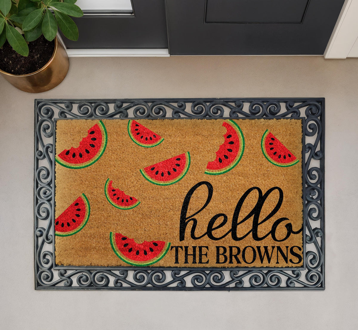 Personalized Watermelon Hello Doormat, Summer Fruit Welcome Mat, Family Name Housewarming Gift