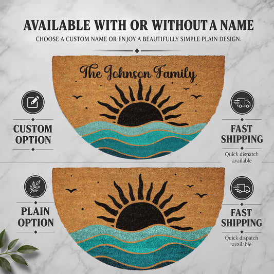 Custom Ocean Waves And Sun Doormat, Coastal Welcome Mat, Summer Sunset Housewarming Gift