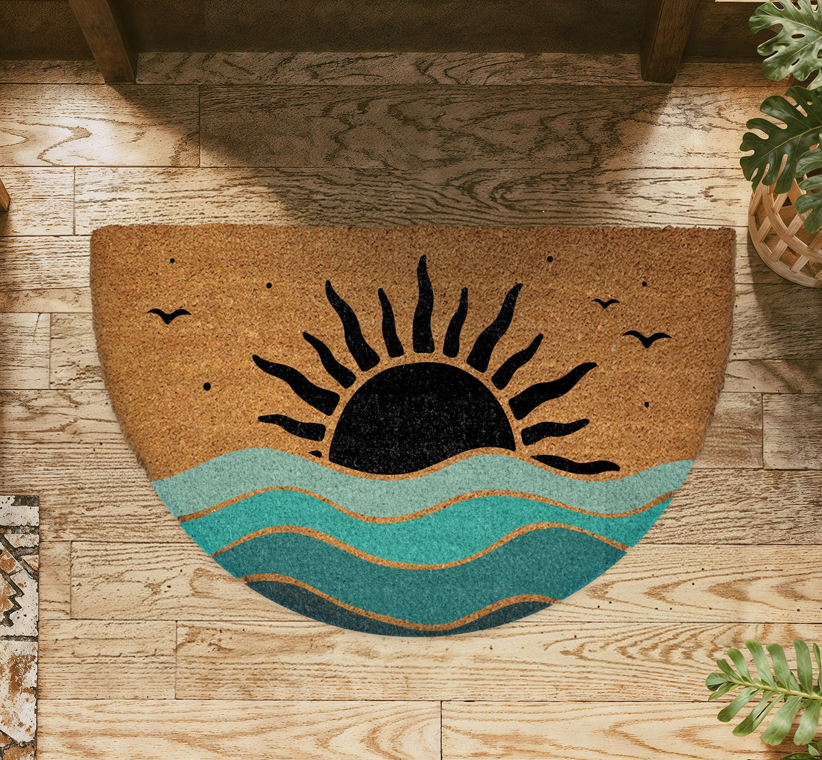 Custom Ocean Waves And Sun Doormat, Coastal Welcome Mat, Summer Sunset Housewarming Gift