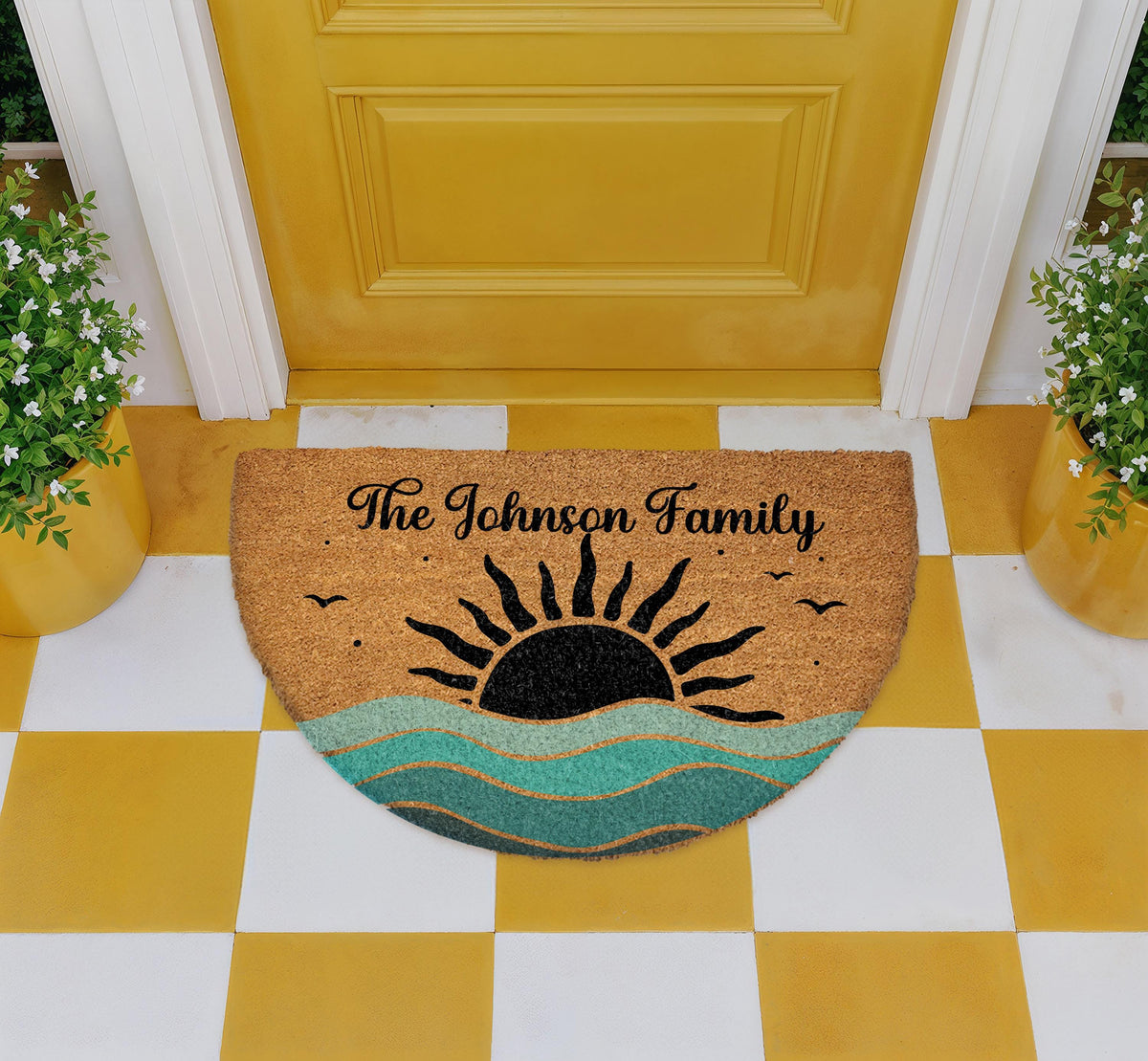Custom Ocean Waves And Sun Doormat, Coastal Welcome Mat, Summer Sunset Housewarming Gift
