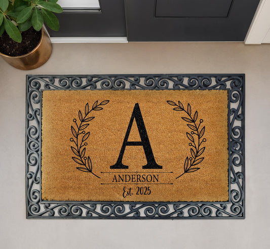 Custom Family Name & Est Year Doormat, Personalized Momogram Welcome Mat