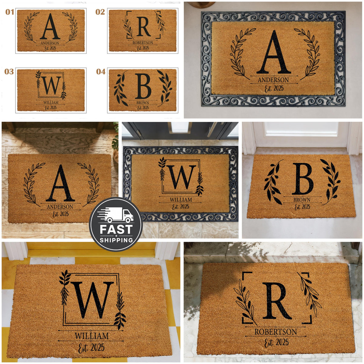 Custom Family Name & Est Year Doormat, Personalized Momogram Welcome Mat