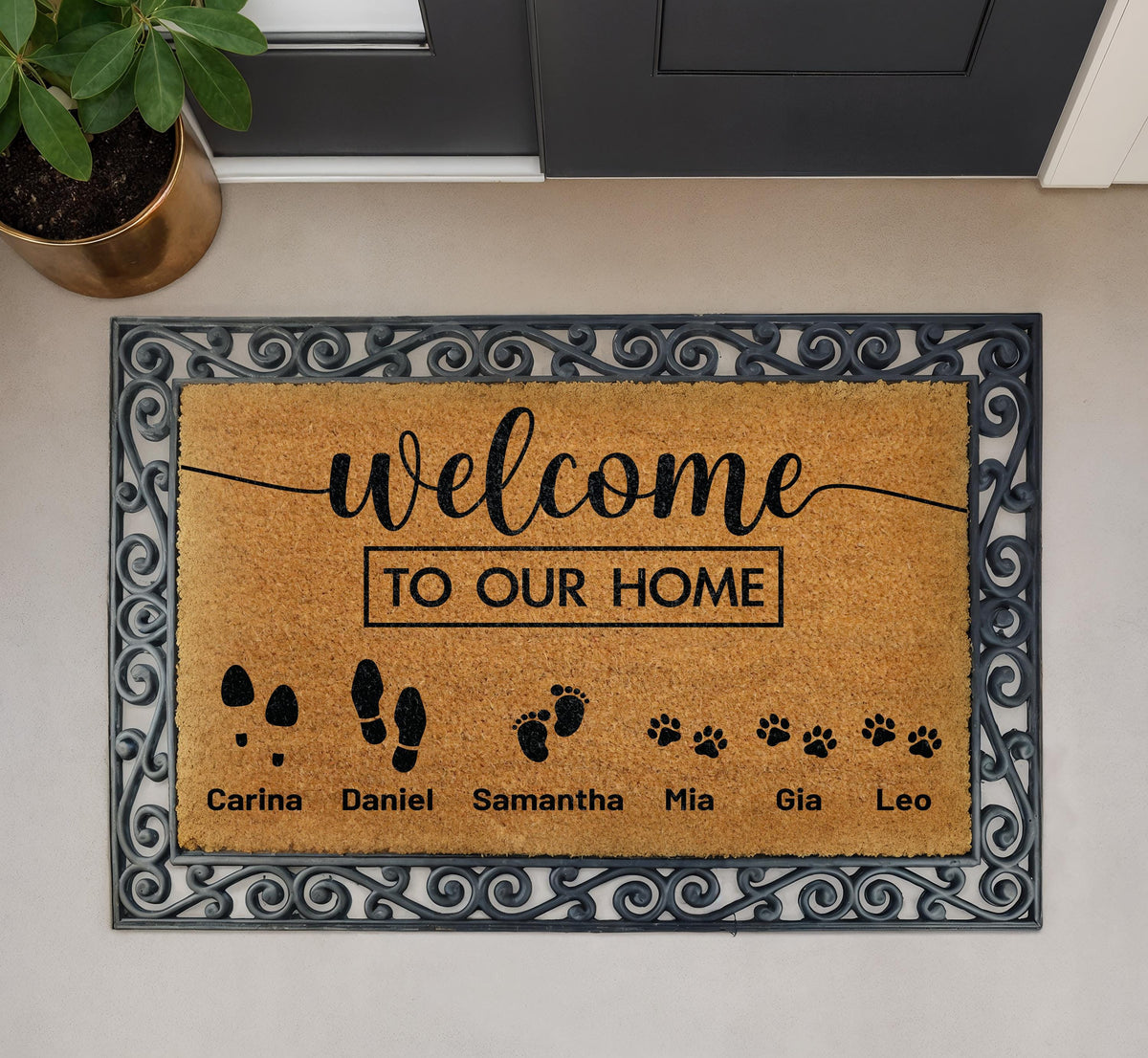 Personalized Welcome To Our Home Doormat, Family Members & Pets Names Door Mat