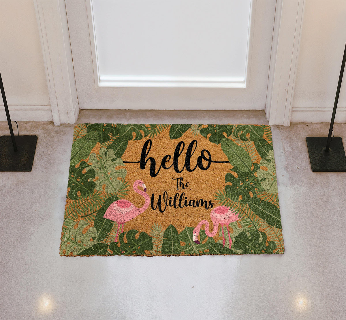 Pink Flamingo Doormat, Tropical Leaves Welcome Mat, Summer Housewarming Gift