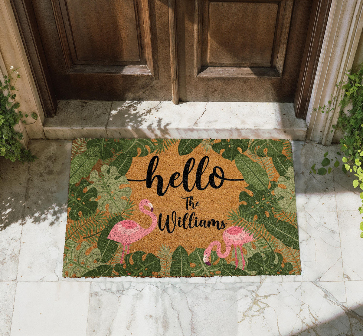 Pink Flamingo Doormat, Tropical Leaves Welcome Mat, Summer Housewarming Gift