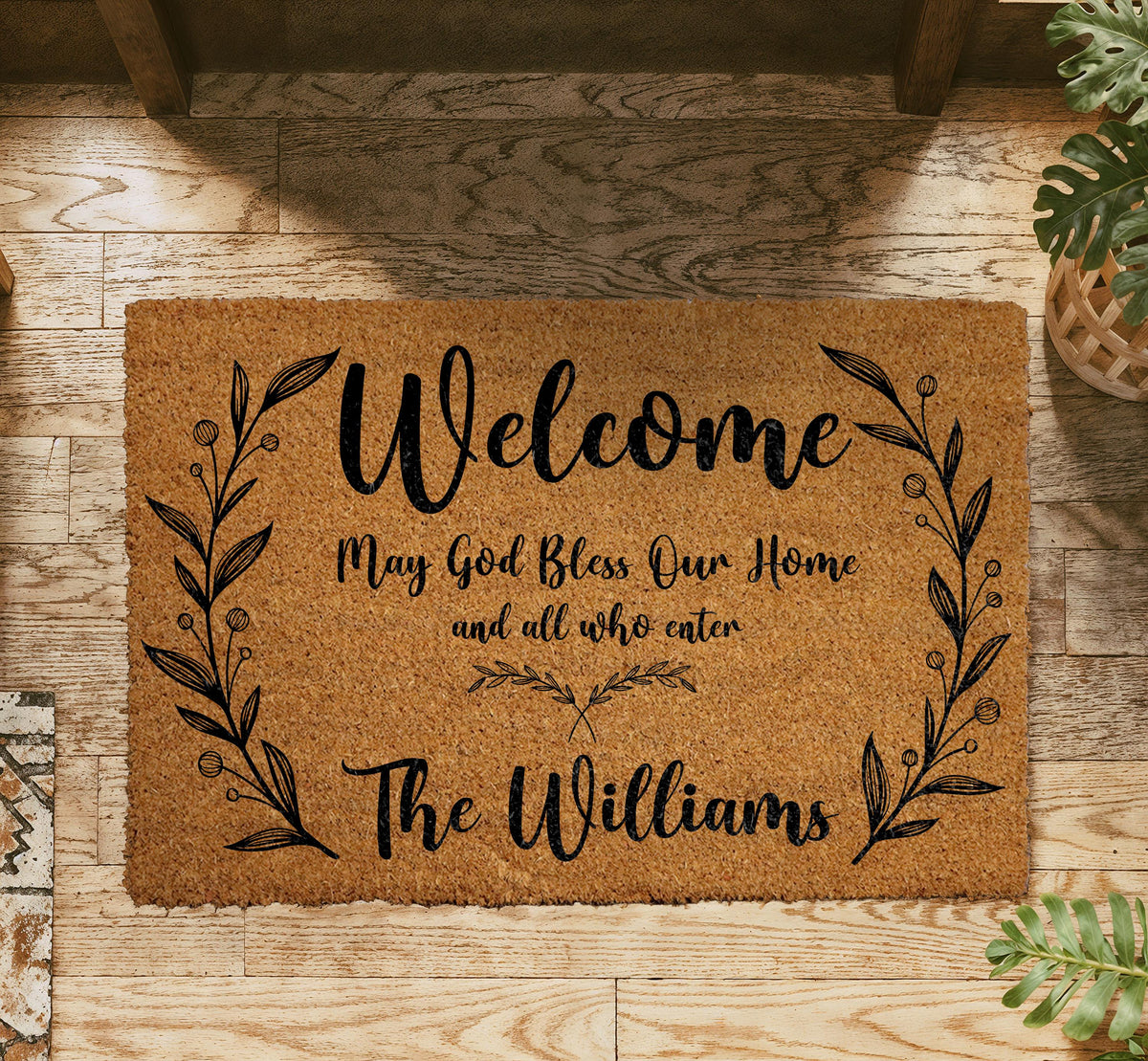 Personalized May God Bless Our Home Welcome Doormat, Custom Family Name Coir Mat