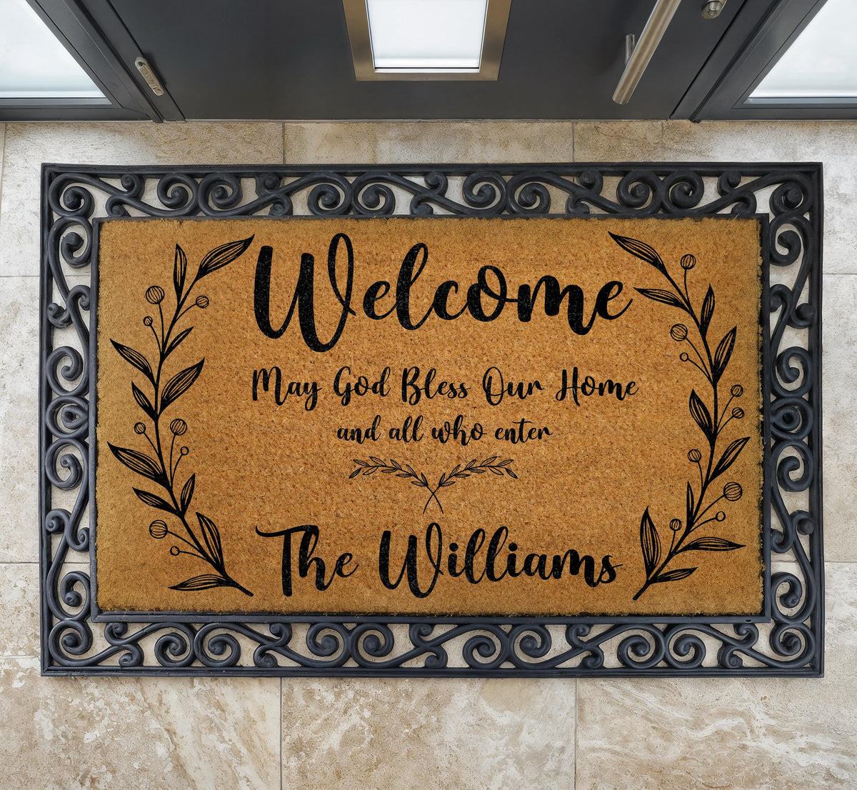 Personalized May God Bless Our Home Welcome Doormat, Custom Family Name Coir Mat