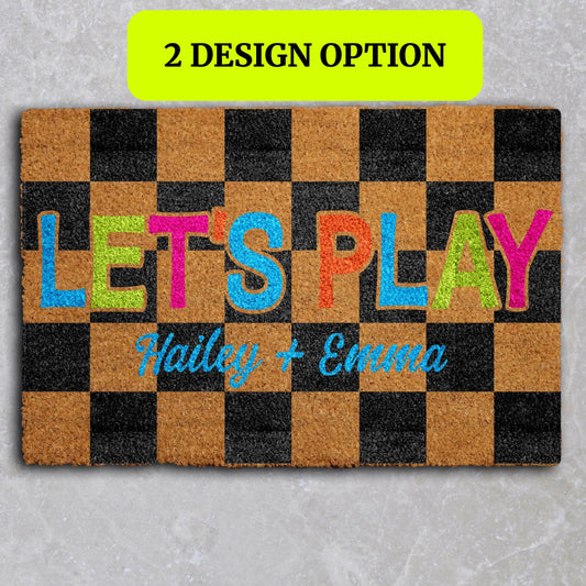 Personalized Checkered Lets Play Doormat, Custom Kids Name Playhouse Welcome Mat