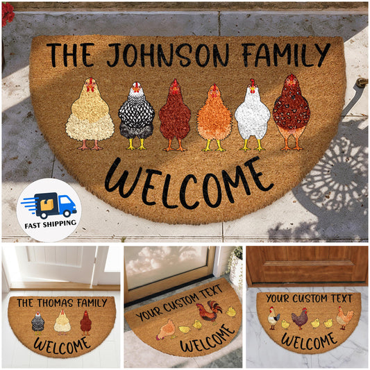 Personalized Family Name Chicken Doormat, Custom Text Farmhouse Welcome Mat