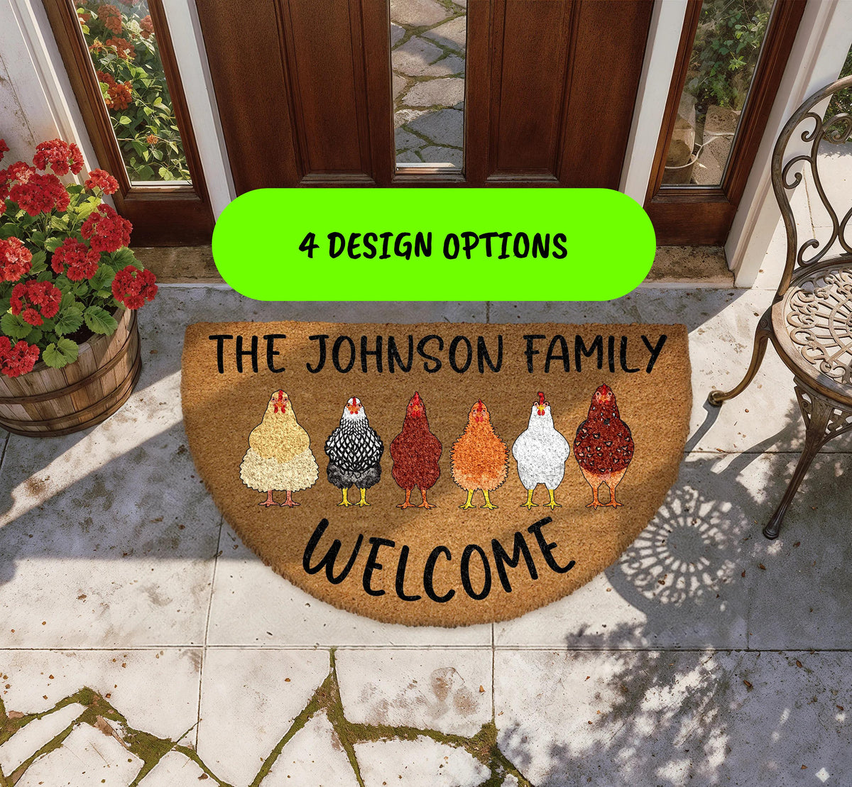 Personalized Family Name Chicken Doormat, Custom Text Farmhouse Welcome Mat