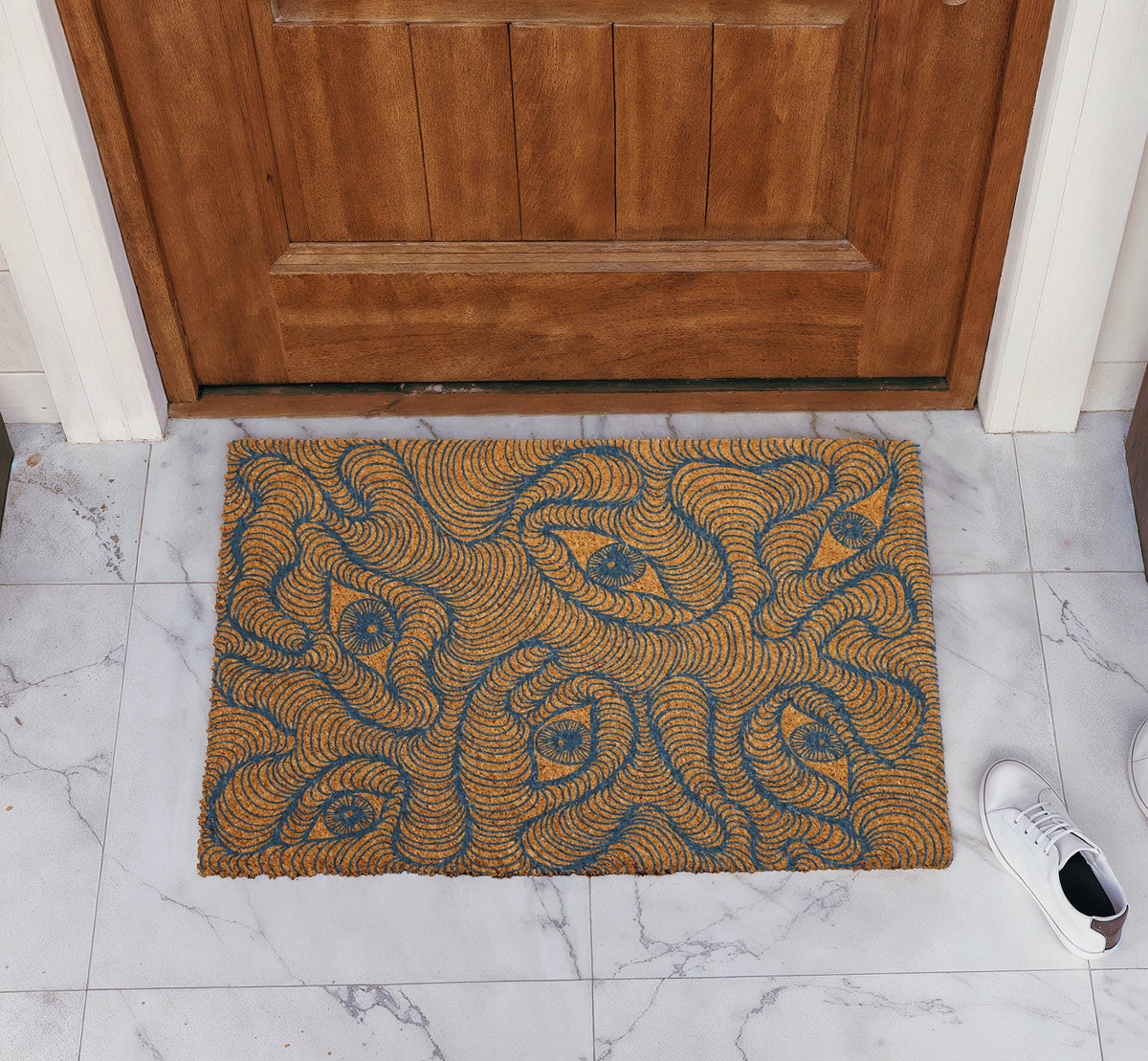 Abstract Line Art Doormat, Trippy Mystical Eyes Welcome Mat, Optical Illusion Front Porch Mat