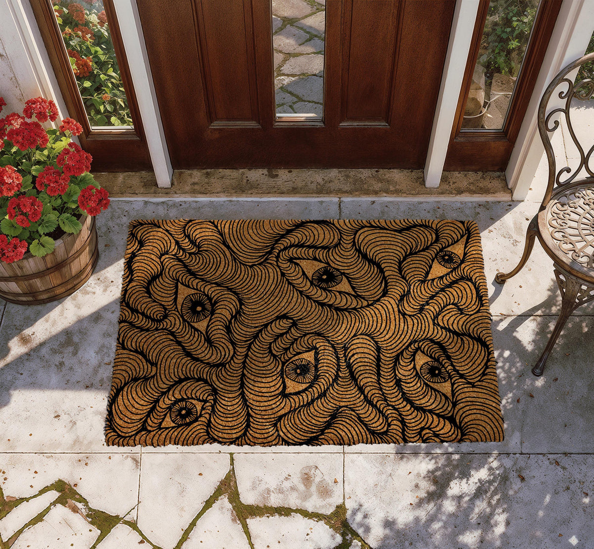 Abstract Line Art Doormat, Trippy Mystical Eyes Welcome Mat, Optical Illusion Front Porch Mat