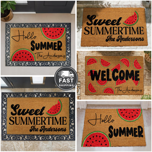 Hello Summer Watermelon Doormat, Summer Welcome Mat, Watermelon Design Coir Mat