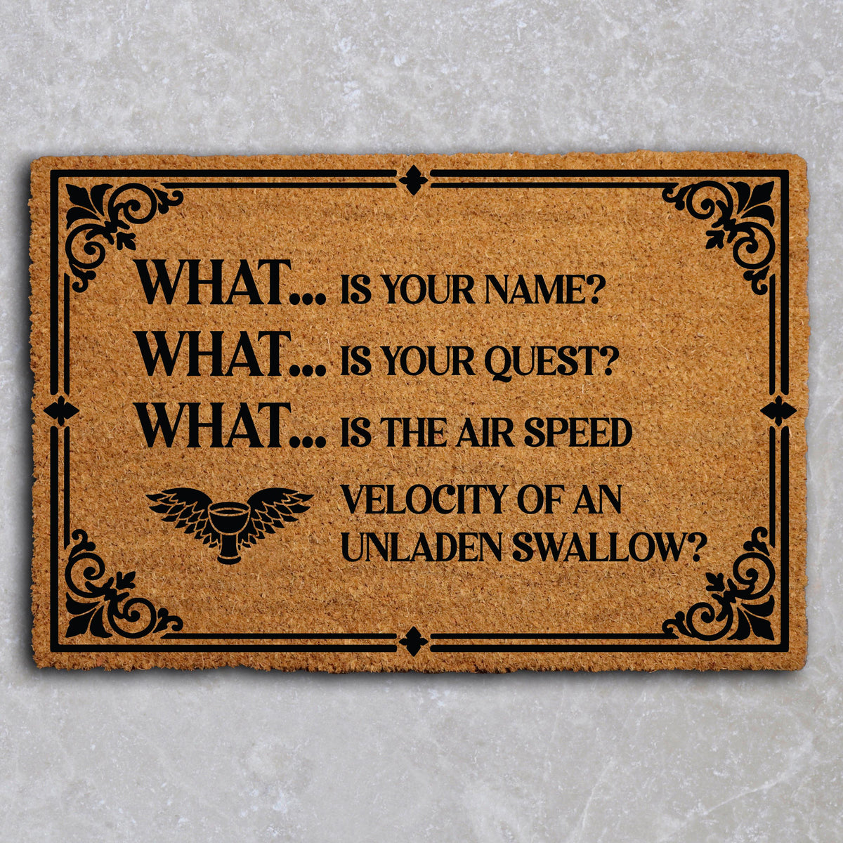 Funny What Is Your Quest Welcome Mat, Custom Frame Medieval Quote Doormat