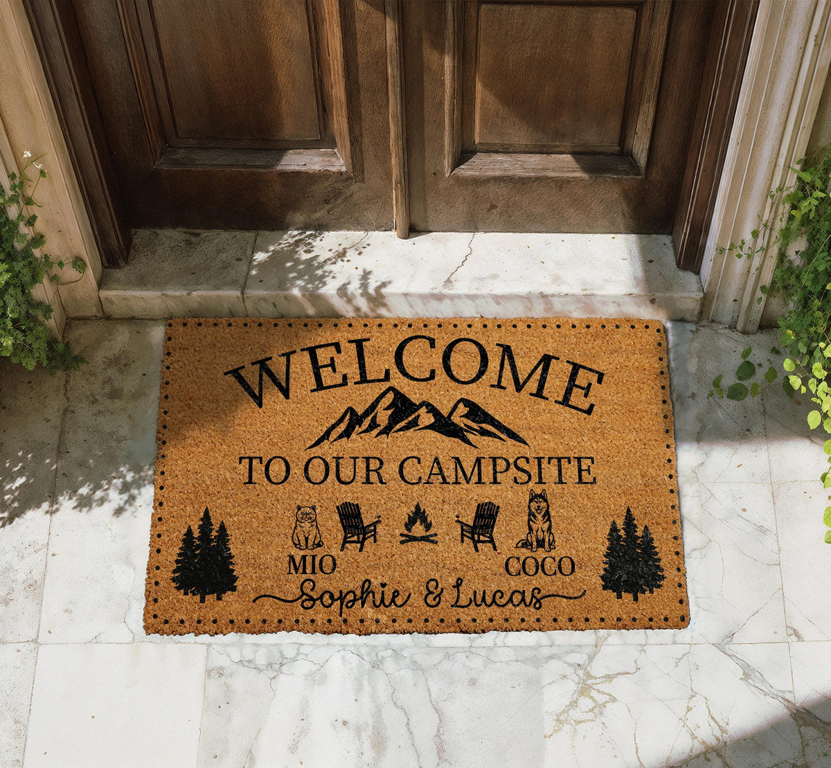 Custom Welcome to Our Campsite Doormat, Personalized Couple's Names & Pets Name Door Mat