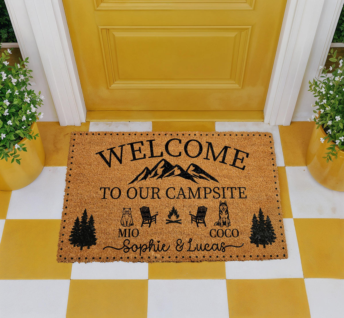 Custom Welcome to Our Campsite Doormat, Personalized Couple's Names & Pets Name Door Mat