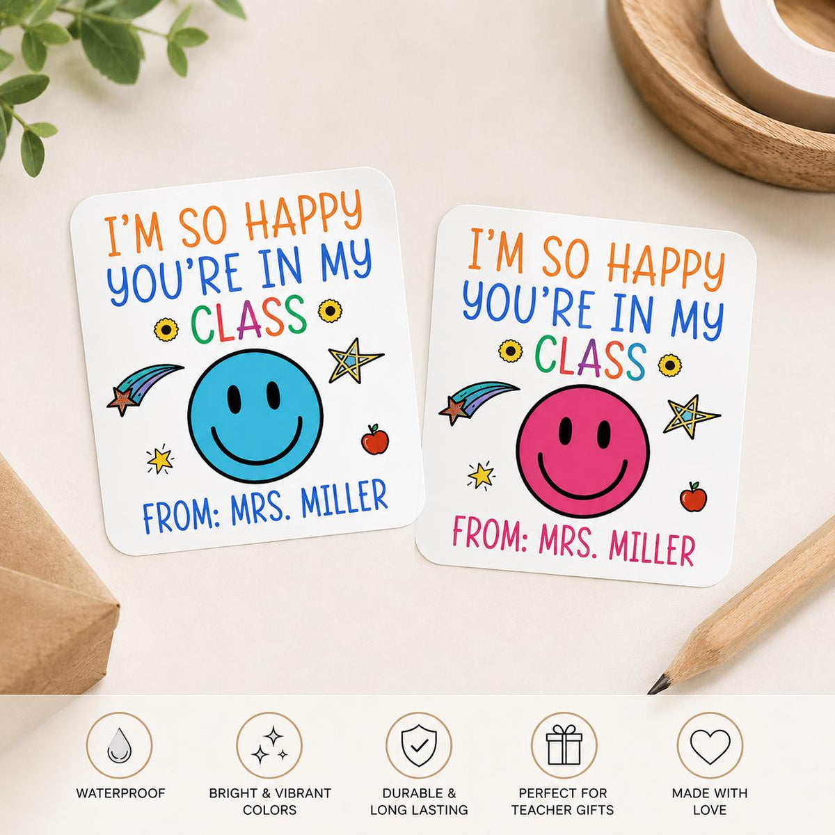 Personalized Smiley Face Teacher Stickers