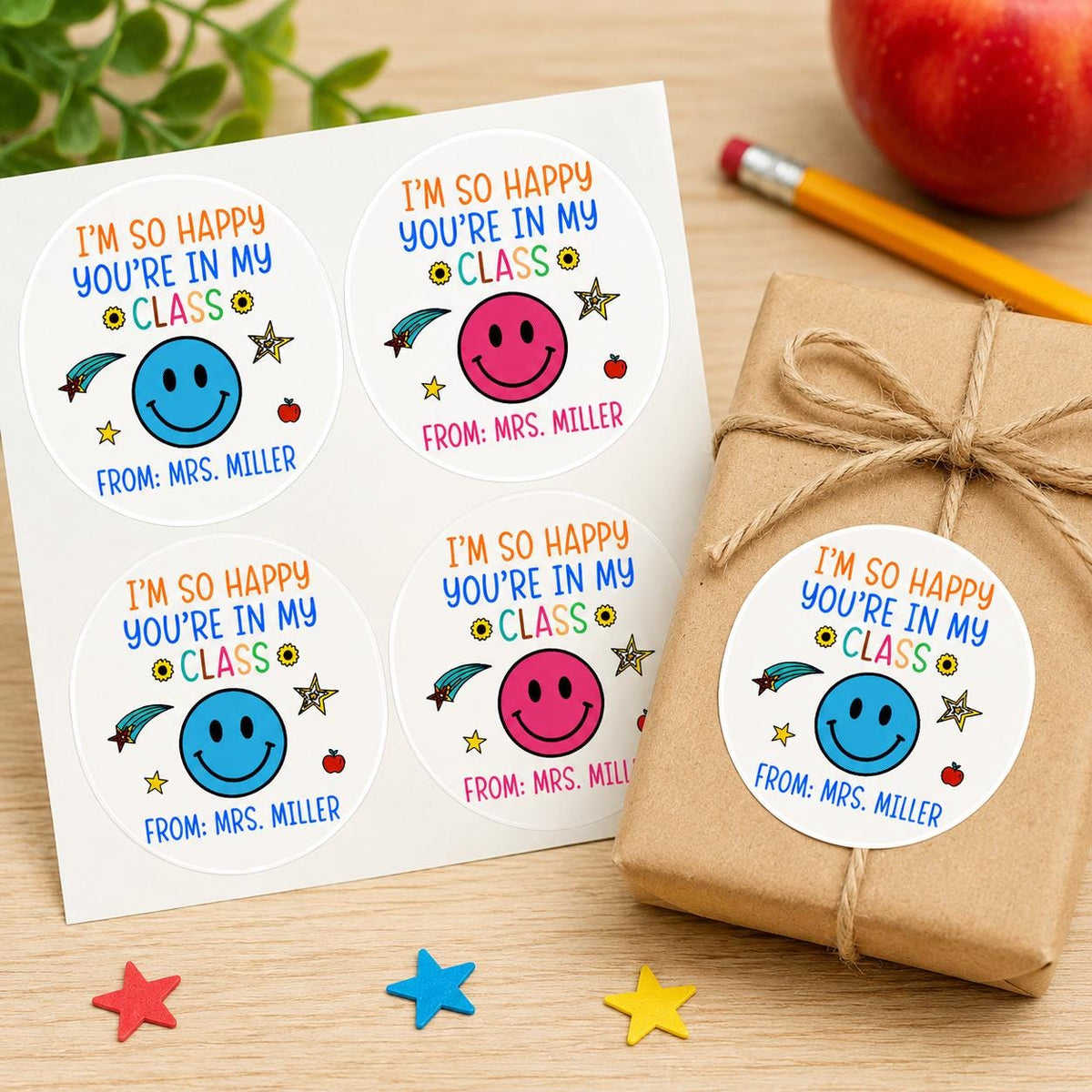 Personalized Smiley Face Teacher Stickers