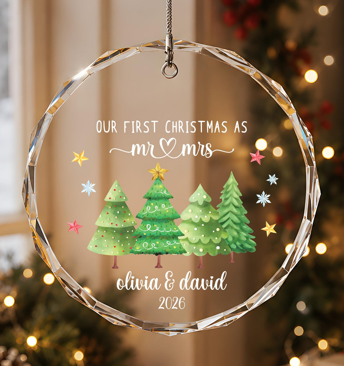 Personalized Crystal Glass Ornament, First Christmas Mr & Mrs Keepsake, Round or Heart Shape