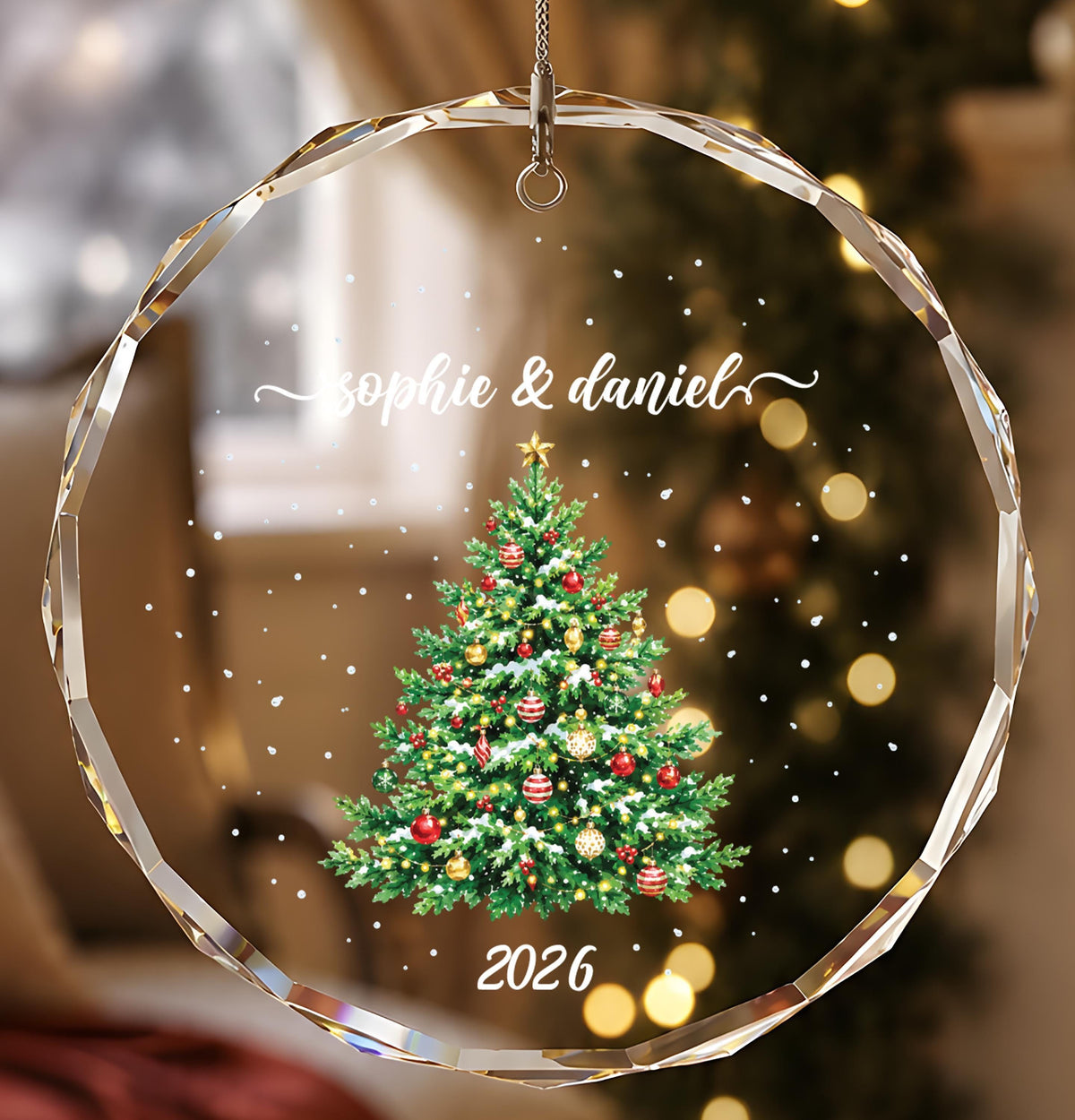 Personalized Crystal Glass Ornament, Round or Heart Shape, Christmas Tree Keepsake