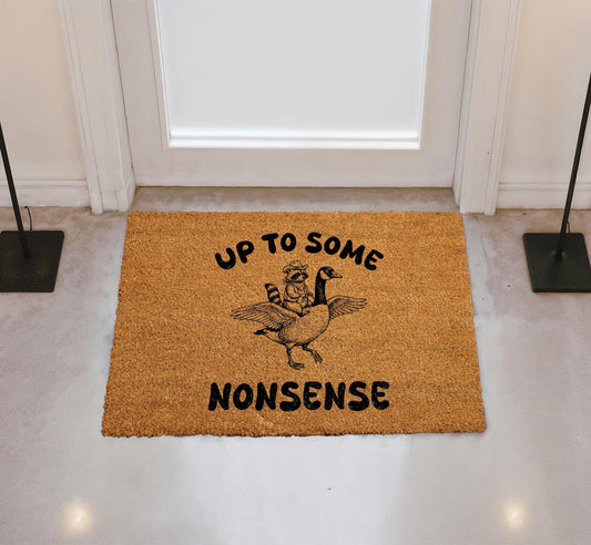 Up To Some Nonsense Doormat, Funny Raccoon Riding A Goose Welcome Mat