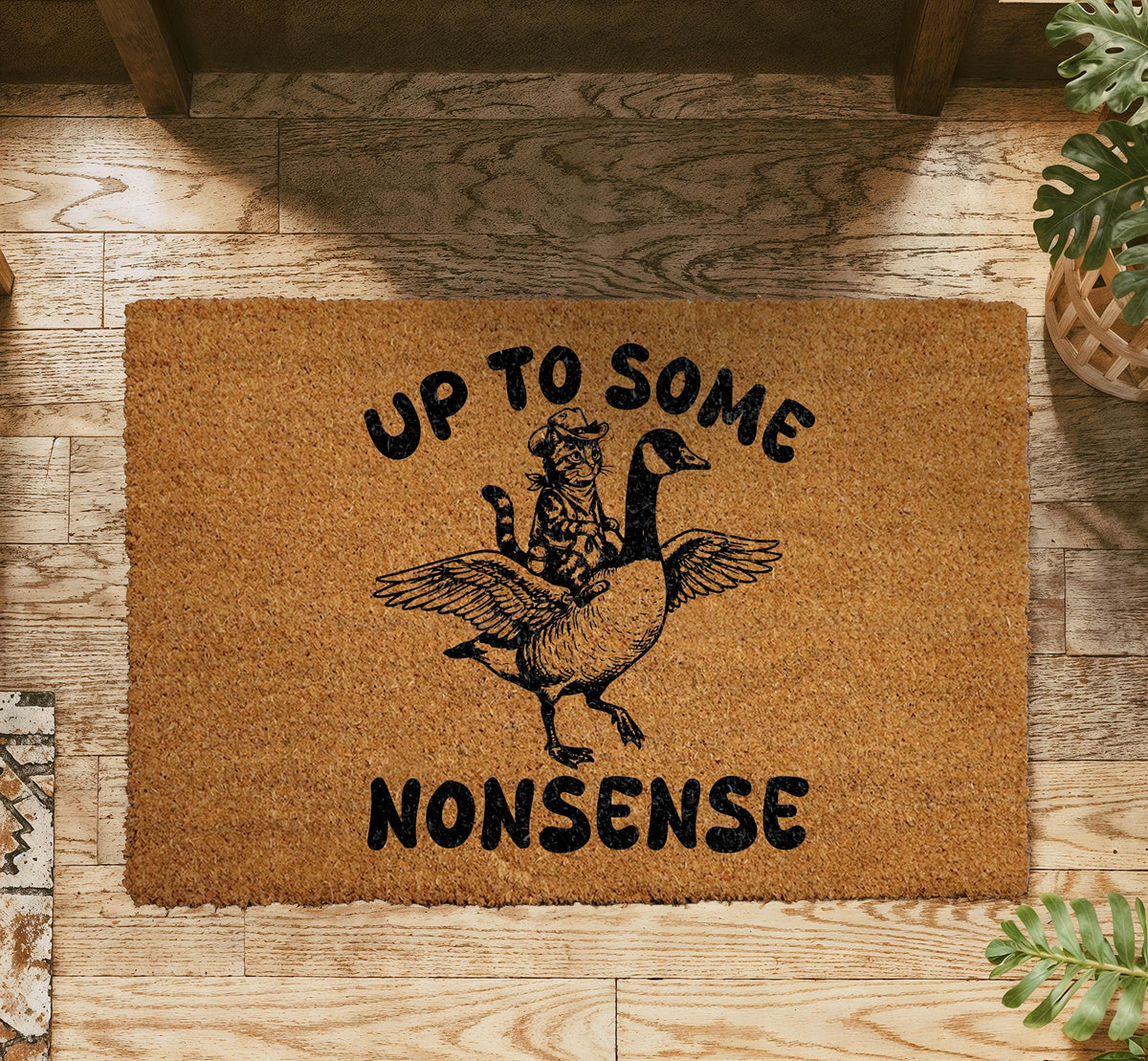Up To Some Nonsense Doormat, Funny Raccoon Riding A Goose Welcome Mat