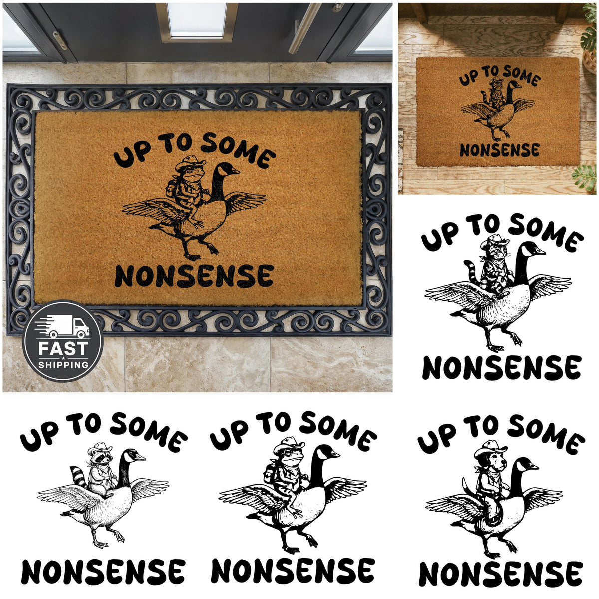 Up To Some Nonsense Doormat, Funny Raccoon Riding A Goose Welcome Mat
