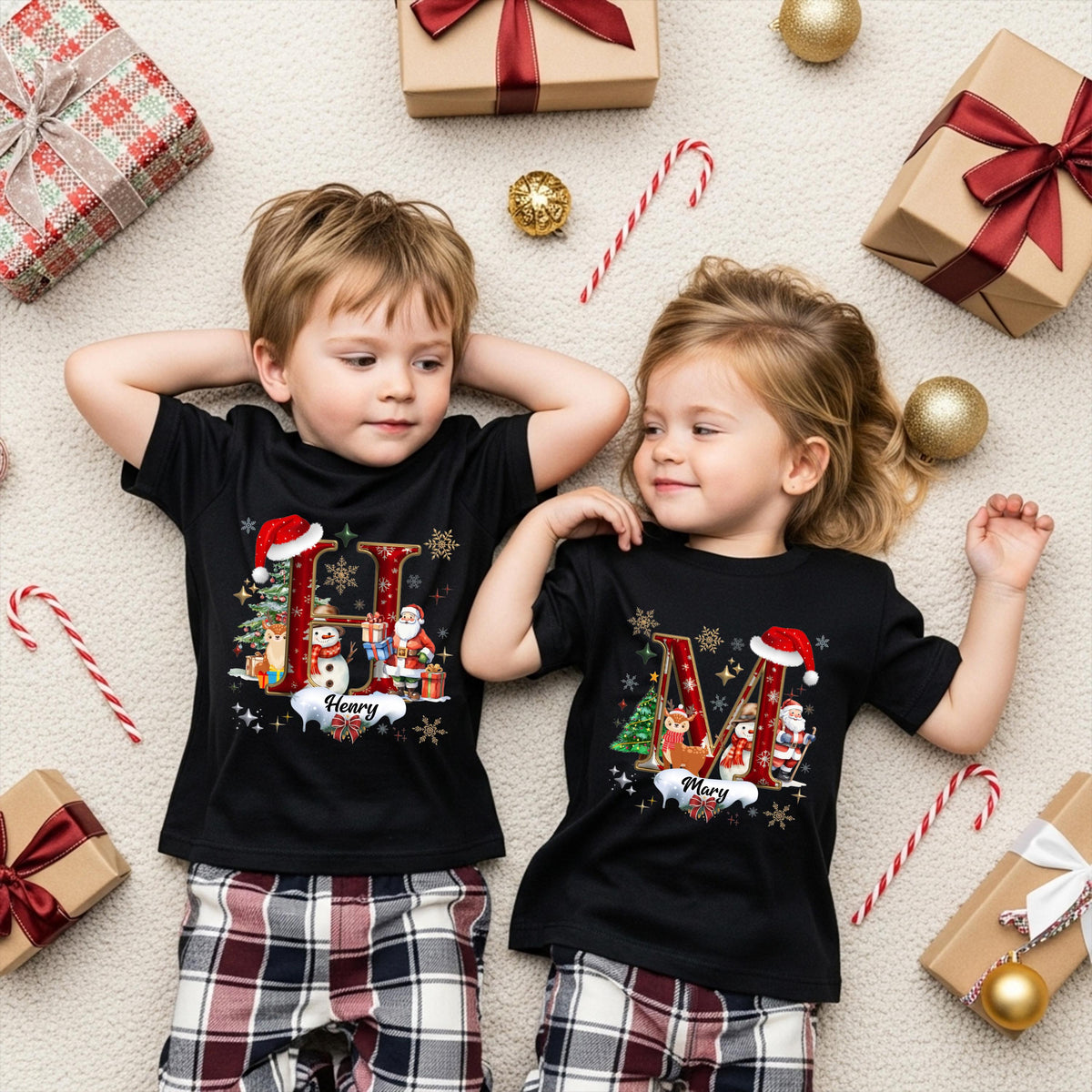 Personalized Christmas Letter T-shirt, Monogram Name Christmas Tee, Xmas Family Matching Sweat