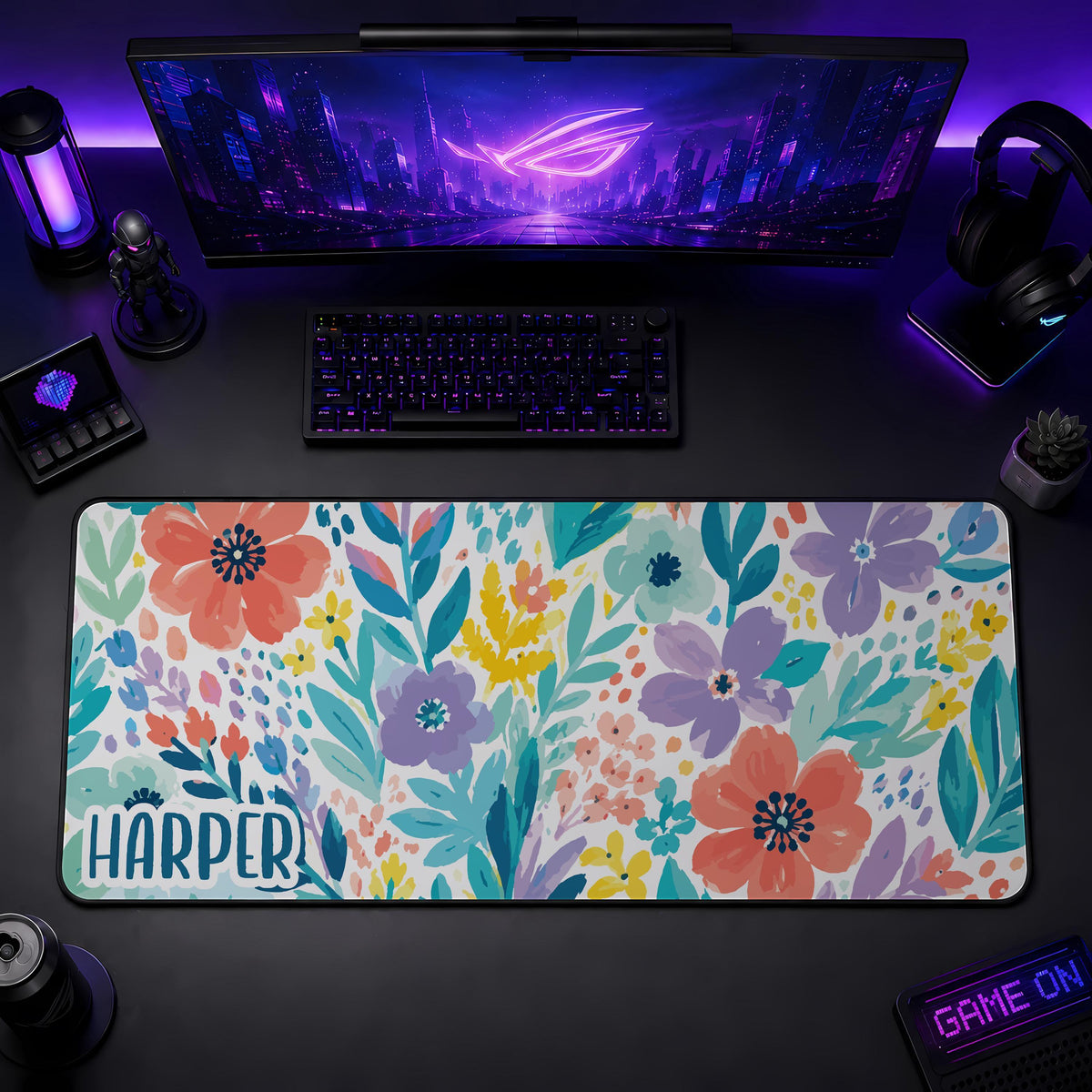 Personalized Boho Floral Desk Mat, Watercolor Flowers Mouse Pad, Custom Name Gaming Accessories