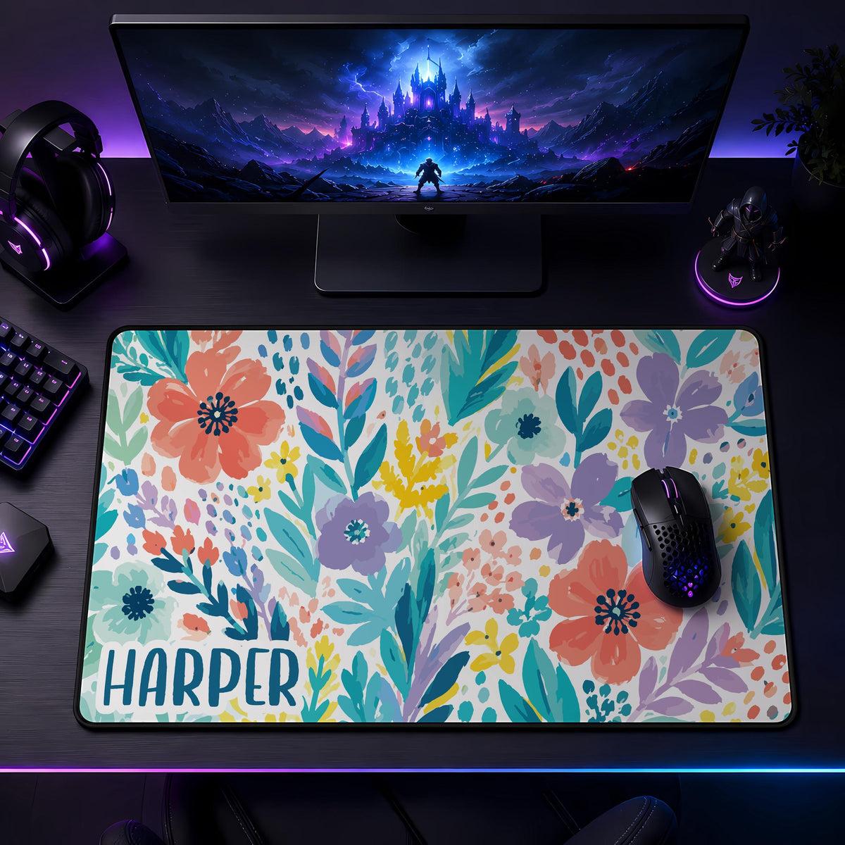 Personalized Boho Floral Desk Mat, Watercolor Flowers Mouse Pad, Custom Name Gaming Accessories