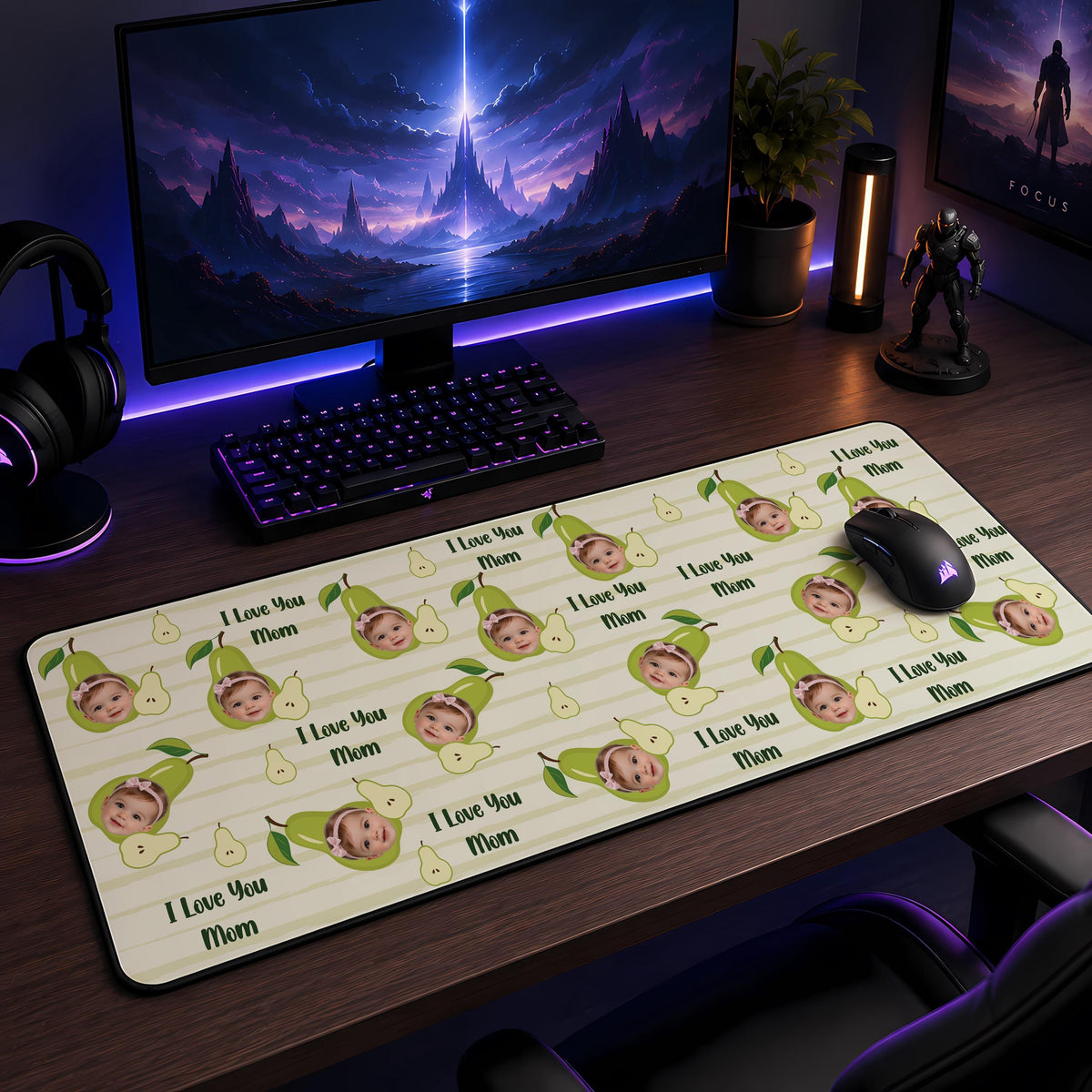 Personalized Kids Photo Desk Mat, Custom Child Face Apple Pattern Keyboard Pad, Mother's Gift