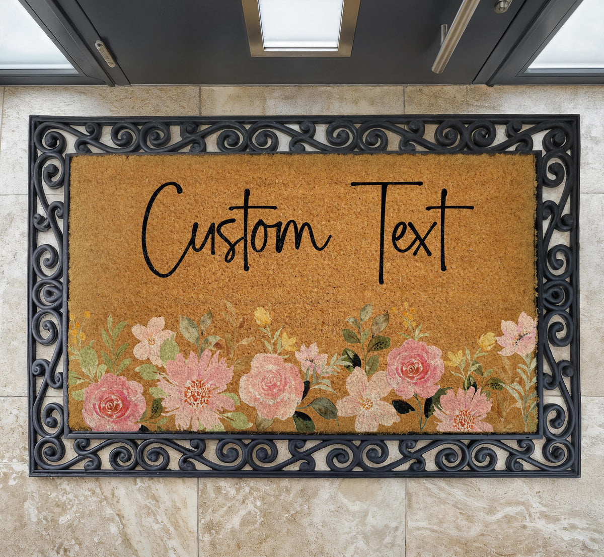 Personalized Floral Doormat, Custom Text Welcome Mat, Boho Flower Front Porch Decor