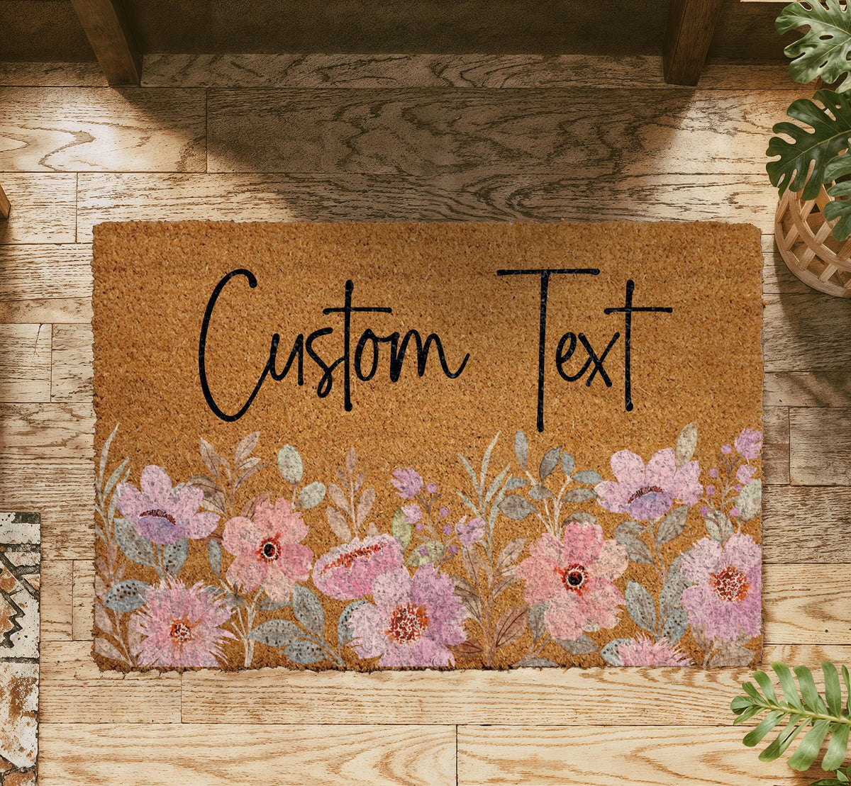 Personalized Floral Doormat, Custom Text Welcome Mat, Boho Flower Front Porch Decor
