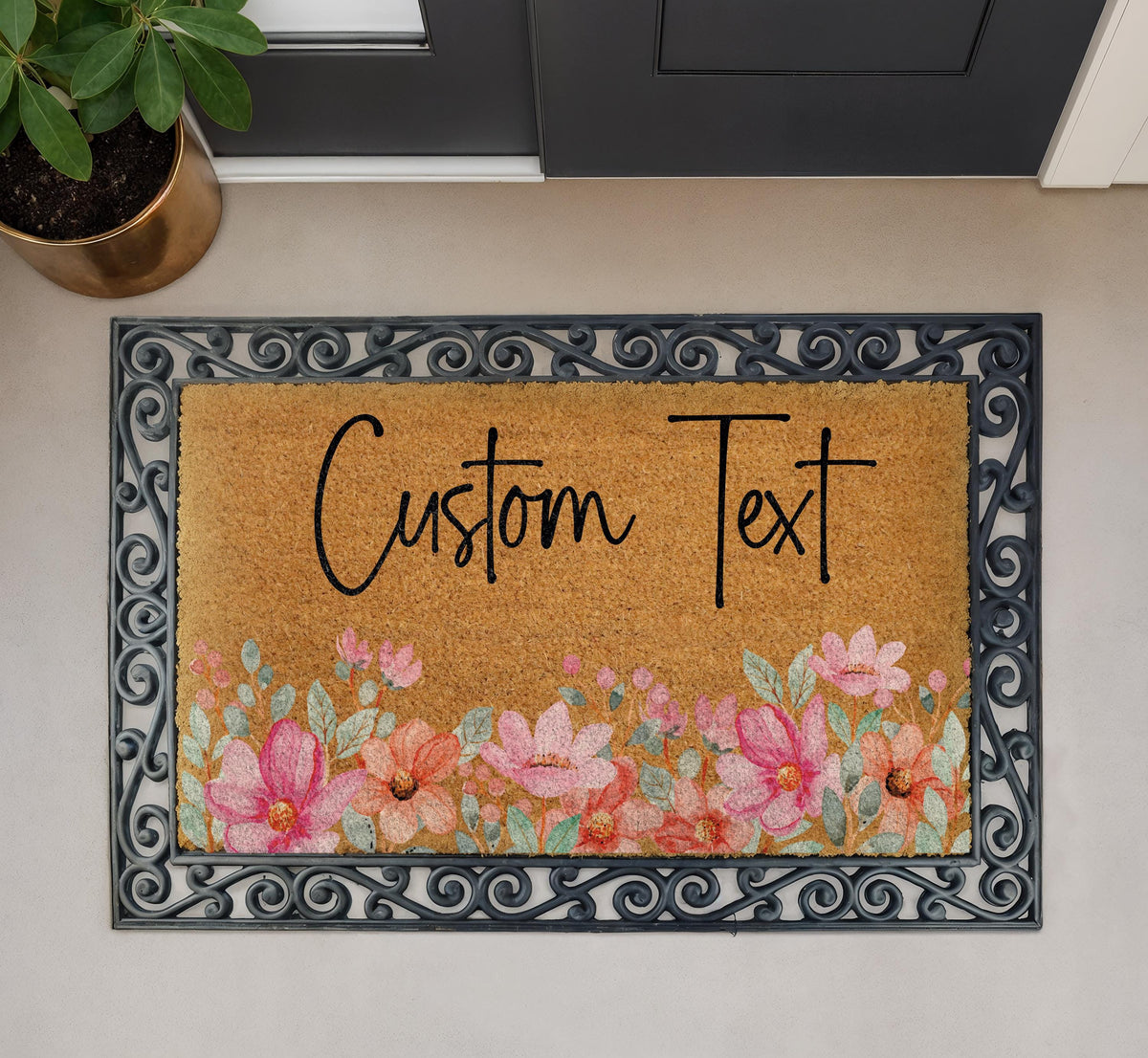 Personalized Floral Doormat, Custom Text Welcome Mat, Boho Flower Front Porch Decor