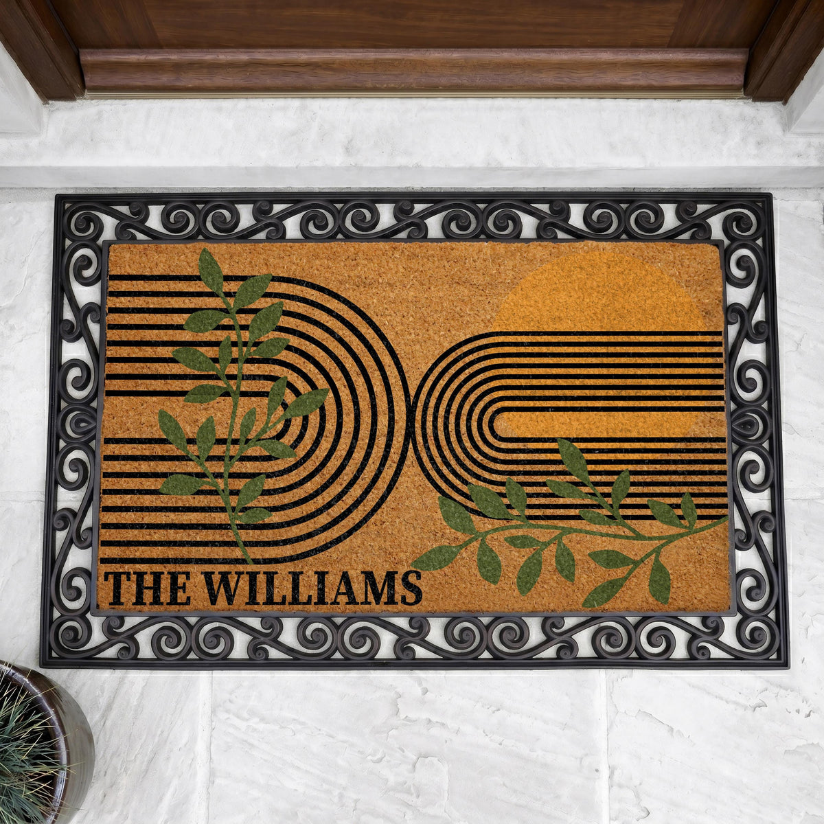 Mid Century Modern Entrance Doormat, Abstract Sun Botanical Lines Welcome Mat