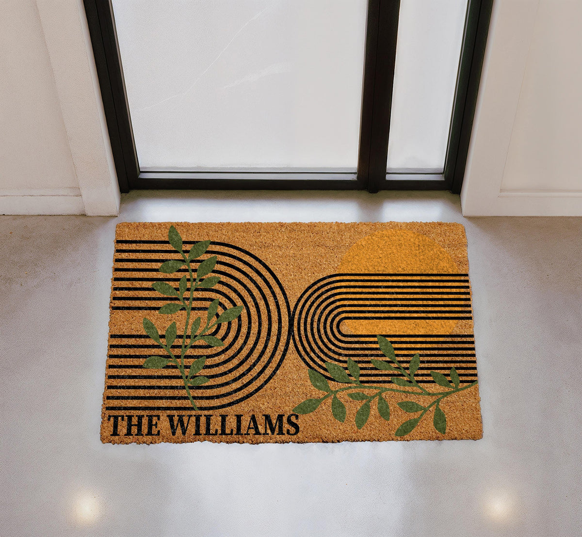Mid Century Modern Entrance Doormat, Abstract Sun Botanical Lines Welcome Mat