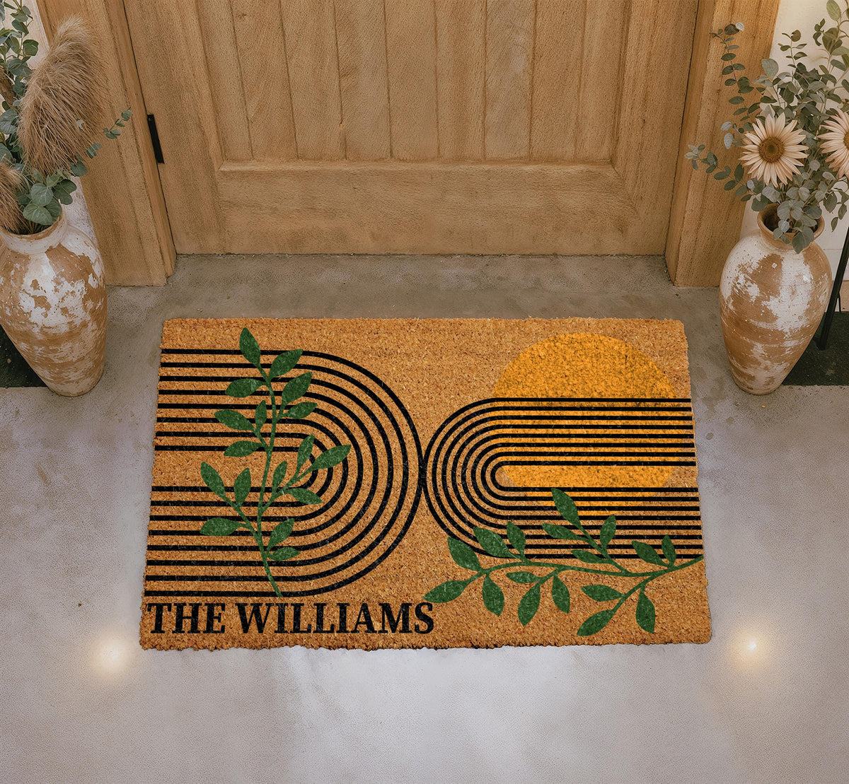 Mid Century Modern Entrance Doormat, Abstract Sun Botanical Lines Welcome Mat