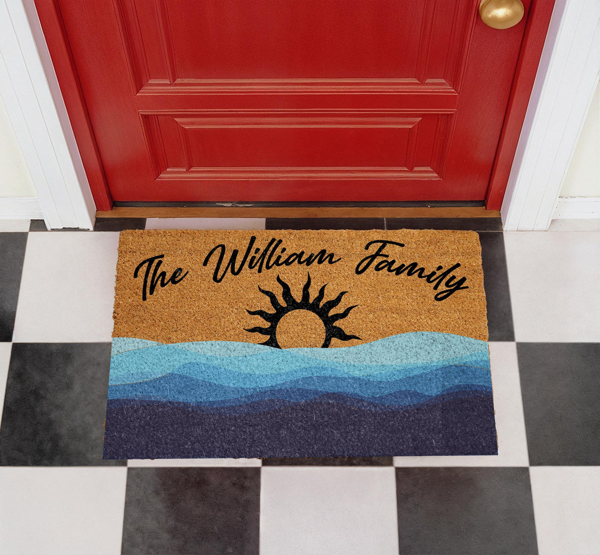 Custom Coastal Sunset Doormat, Ocean Waves Welcome Mat, Beach House Entryway Rug