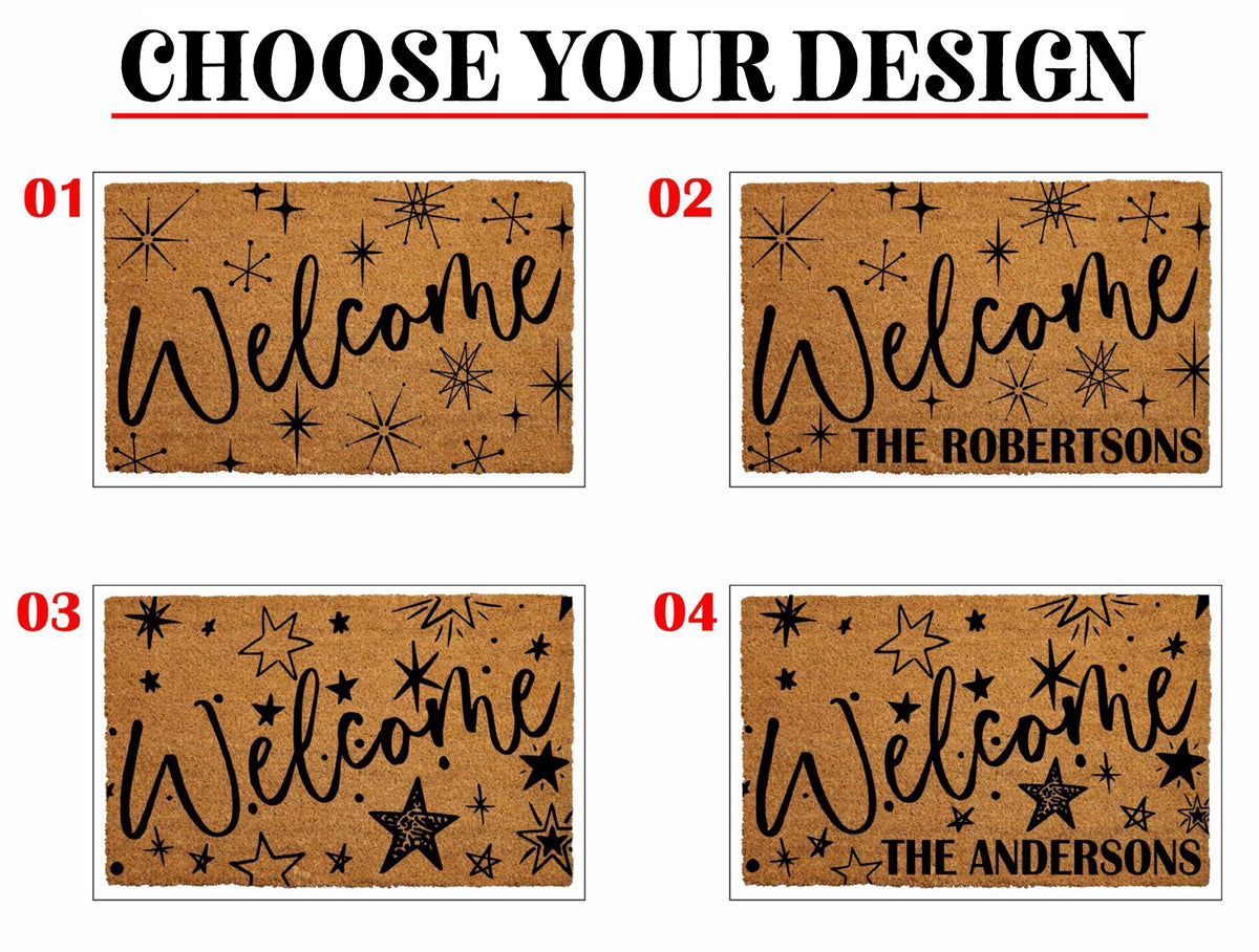 Custom Retro Starburst Doormat, Mid Century Modern Welcome Mat, Family Name Housewarming Gift