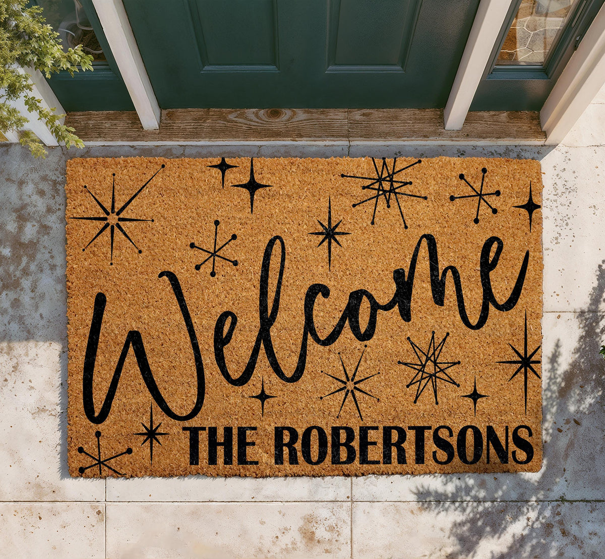 Custom Retro Starburst Doormat, Mid Century Modern Welcome Mat, Family Name Housewarming Gift