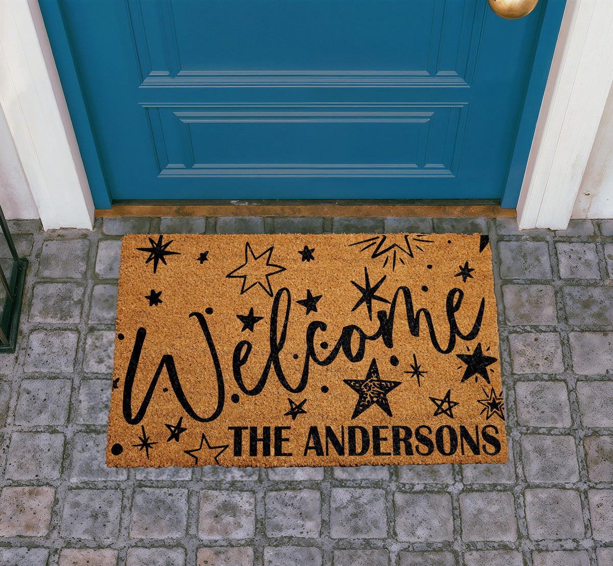 Custom Retro Starburst Doormat, Mid Century Modern Welcome Mat, Family Name Housewarming Gift