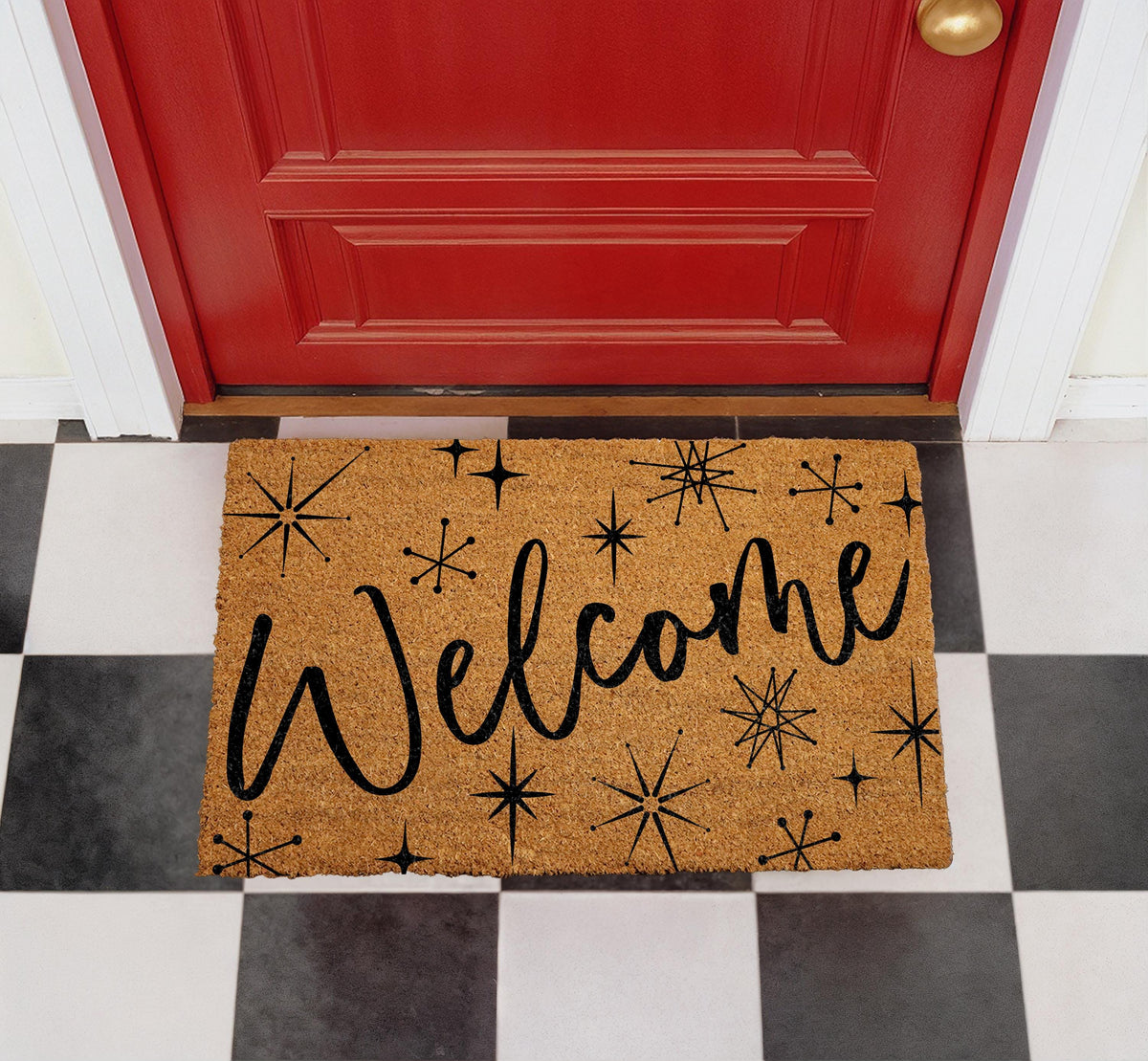 Custom Retro Starburst Doormat, Mid Century Modern Welcome Mat, Family Name Housewarming Gift