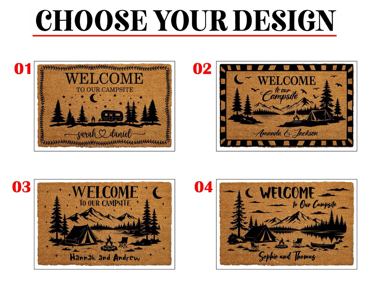 Welcome To Our Campsite Doormat, Personalized Camping Welcome Mat, Custom Couple Name Door Mat, Happy Campers Coir Mat, RV Housewarming Gift